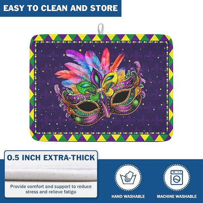Wnoesat Mardi Gras Dish Drying Mat for Kitchen Counter Masquerade Mask Feather Drying Mats Absorbent Reversible Microfiber Washable Draining Pad Washable Dry Mat 18x24 Inch