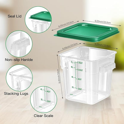 FeyBuosk 4 pcs 8qt Food Storage Containers with Lid, Square Clear Commercial Storage Containers with Handle and Scale for Food Storage in Home Kitchen & Dining (Green)