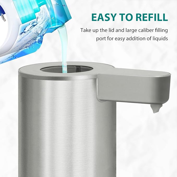 Mamiddle Automatic Soap Dispenser Stainless Steel with Sensor Infrared Soap Dispenser Electric IPX5 Waterproof USB-C Charging Motion Sensor for Kitchen & Bathroom (Silver)