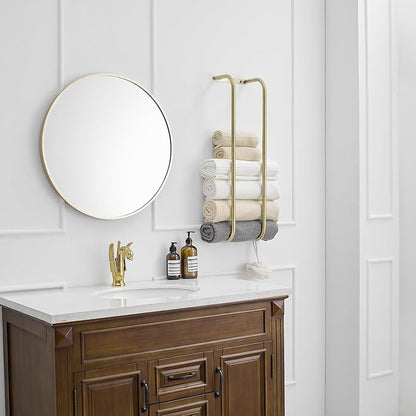 BWE Brushed Gold Towel Racks for Bathroom, Stainless Steel Towel Holder for Rolled Towels, Wall Mounted Bathroom Towel Storage Holds Up 6 Large Bath Sheets, with 2 Hooks