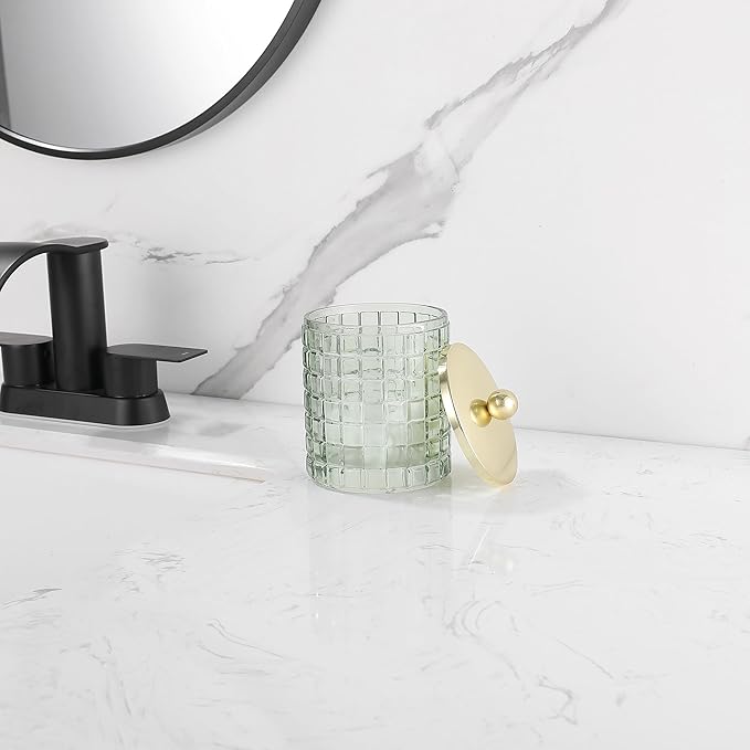 Indecor Home Sage Colored Tranlucent Apothecary Etched Geometric Grid Glass Jar W/Gold Metal Lid Cover for Bathroom Organization, Cotton Balls, Q Tips, and Small Accessories, Bathroom Storage