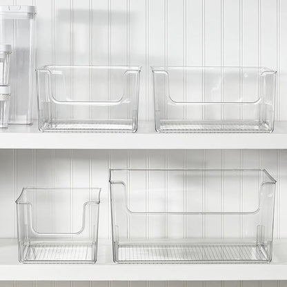 mDesign Modern Wide Plastic Open Front Dip Storage Organizer Bin Basket for Bathroom Organization - Vanity Shelf, Cubby, Cabinet, and Closet Organizing Decor - Ligne Collection - 4 Pack - Clear