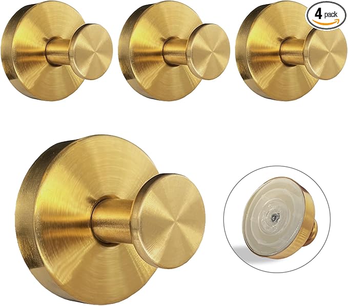 Welsa Suction Cup Hooks for Shower - 4 Pack, Gold - Stainless Steel, Strong Suction, No Drill, Removable Hanger, Tile Bathroom Kitchen Wall, Glass Door, Mirror Hook Hanging Robe, Towel Holder
