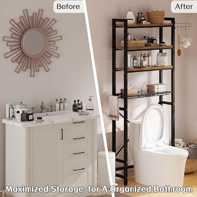 Insdiy Over-The-Toilet Storage Rack, 4 Tier Bathroom Shelf Organizer Over Toilet with Adjustable Shelves, Basket, Hooks, Paper Holder, Quick Interlock Install & Water-Resistant Shelves (Vintage Brown)