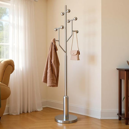 Coat Rack Freestanding with Stainless Steel Marble Base, 8 Ball-shaped Hooks, Heavy-Duty Standing Coat Rack, Coat Hanger Stand for Bedroom Entryway Hallway, Hat, Bags, Long Dresses, Silver