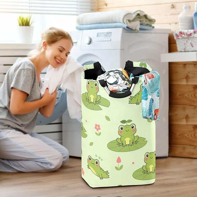 Laundry Hamper Basket Frog Leaves Green Storage Basket Collapsible Clothes Hamper with Handle Decorative Blanket Basket for Blanket Toys Bathroom Dorm College