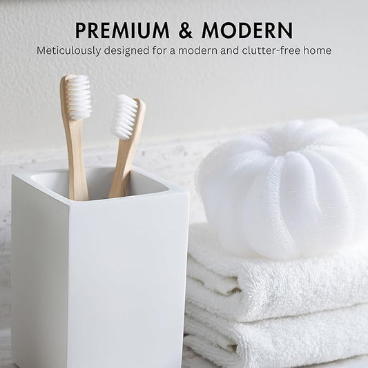 Yew Design Matte White Toothbrush and Toothpaste Holder for Bathroom Vanity and Countertop, Square Organizer for Electric Toothbrushes, Floss, Razors, Cotton, and Mouthwash