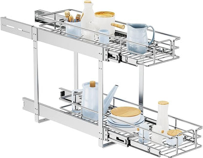 LOVMOR Individual Pull Out Cabinet Organizer, 2 Tier Slide Out Cabinet Drawers, Pots and Pans Organizer and Storage Pantry Shelf for Kitchen (9" W x 21½" D)