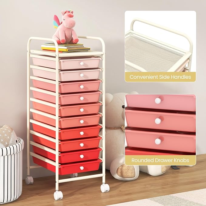 ARLIME 10-Drawer Storage Cart, 10 Drawer Trolley, Rolling Organizer Cart, Scrapbook Paper Organizer, Suitable for Office and School, Rolling Office Storage Tools (Pink)