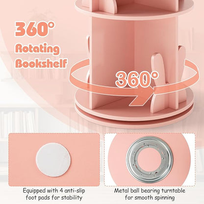 Costzon Kids Rotating Bookshelf, 2 Tier Small Book Shelf with Bookends, 360° Display Spinning Bookshelf Tower, Corner Bookshelf for Small Space, Kids Room, Bedroom, Nursery (Pink)