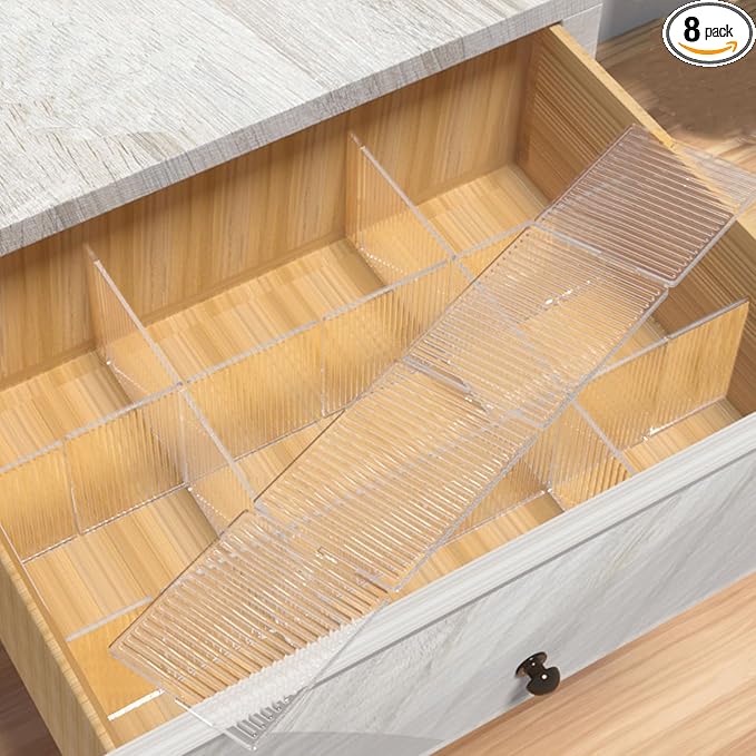 Onerbuy 8pcs Adjustable Grid Drawer Dividers DIY Plastic Closet Separator Tidy Organizer Container for Underwear Socks Belt Office Supplies(Transparent White)