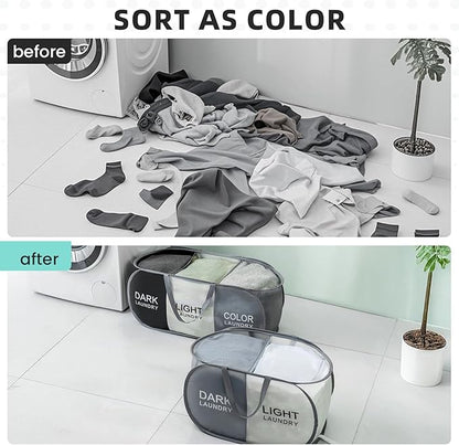 TECHMILLY Collapsible Laundry Basket Durable Pop Up Hamper with 2 Compartments for Sort and Storage, Portable Dirty Clothes Hamper for Dorm, Laundry Room or Travel (Grey + Begie)