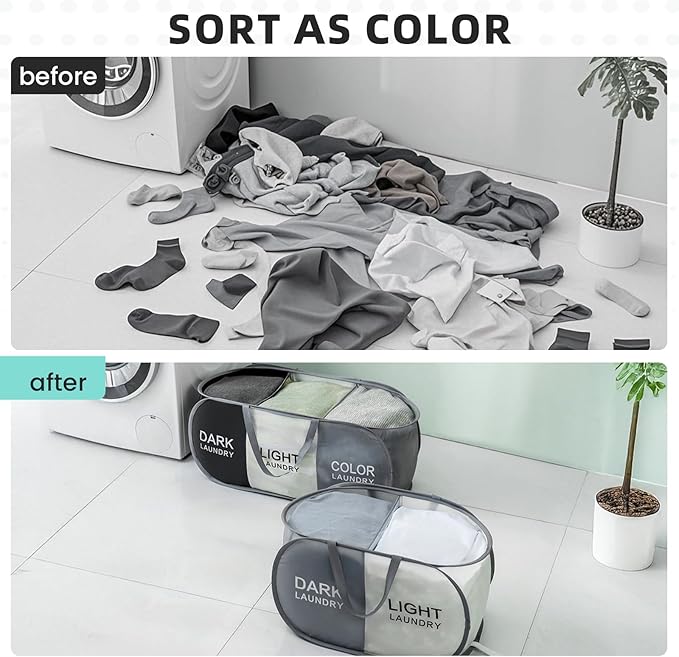 TECHMILLY Collapsible Laundry Basket Durable Pop Up Hamper with 2 Compartments for Sort and Storage, Portable Dirty Clothes Hamper for Dorm, Laundry Room or Travel (Black + Grey + Begie)