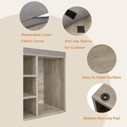 DINZI LVJ Shoe Bench, 9 Cubbies Shoe Organizer for Entryway, Storage Bench with Cushion, Cubby Shoe Rack with Adjustable Shelves for Living Room, Bedroom, Mudroom, Hallway, Gray Wash