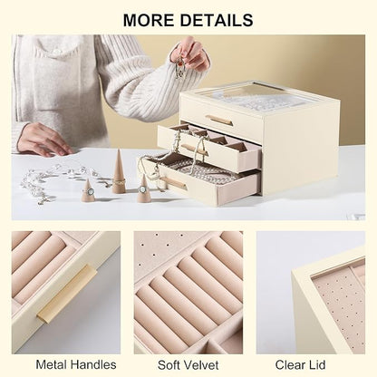Frebeauty Clear Lid Jewelry Box,3-Layer Jewelry Organizer with Drawer,PU Leather Jewelry Organizers and Storage,Jewelry Boxes for Women,Jewelry Storage for Rings Earring Stud,Gift for Women(Beige)