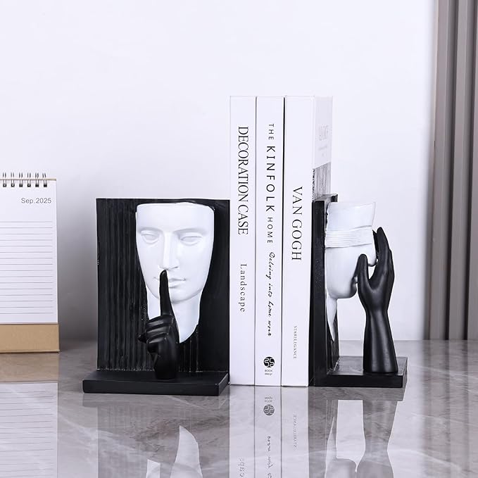 Decorative Bookends Set – Vintage Gold Face Sculptures & Modern Black & White – Resin Book Ends for Shelves, Heavy Book Stoppers, Brass-Look Bookends, Decorative for Home Office (B&W)