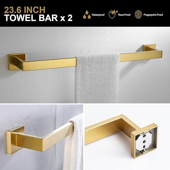Brushed Gold Towel Bar Set, Lava Odoro 5-Piece Bathroom Hardware Set Gold Towel Rack Towel Holder Set Wall Mounted Stainless Steel, Bathroom Accessories Kit, 23.6-Inch
