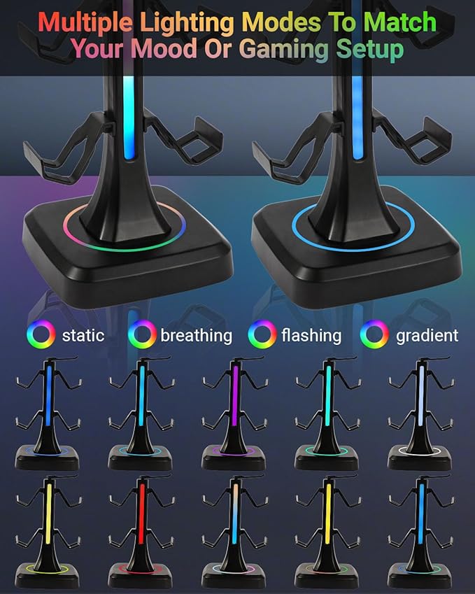 Controller Headset Stand with 10 Color Light Modes - RGB Headphone Holder for PS5, Xbox, Switch - Gaming Room Decor, Desk Organizer for Gamers