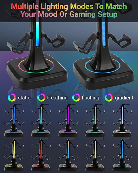 Controller Headset Stand with 10 Color Light Modes - RGB Headphone Holder for PS5, Xbox, Switch - Gaming Room Decor, Desk Organizer for Gamers
