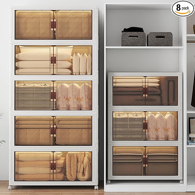 Extra Large Stackable Storage Bins, Lockable Storage Bins with Lids, Folding Storage box with Doors and Wheels, Collapsible Plastic Drawers for Home, Garage, Office (8, White, Extra Large)