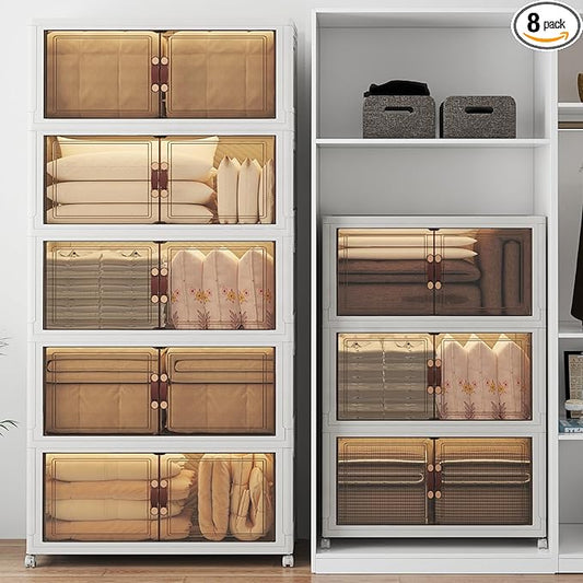 Extra Large Stackable Storage Bins, Lockable Storage Bins with Lids, Folding Storage box with Doors and Wheels, Collapsible Plastic Drawers for Home, Garage, Office (8, White, Extra Large)