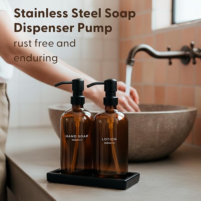Maisonovo Kitchen Soap Dispenser Set | Hand and Dish Soap Dispenser Set with Handmade Ceramic Vanity Tray and 16 Waterproof Labels | Amber Glass Bottles & Black Pumps