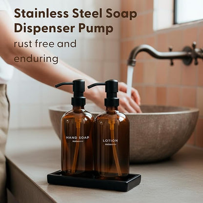 Maisonovo Kitchen Soap Dispenser Set | Hand and Dish Soap Dispenser Set with Handmade Ceramic Vanity Tray and 16 Waterproof Labels | Amber Glass Bottles & Black Pumps