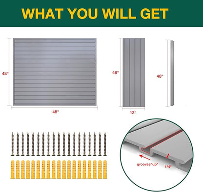 Yuzzy Slat Wall Paneling 4 x 4ft, Garage Slatwall Panel Wall Storage Systems, Heavy Duty PVC Garage Wall Organization (Gray)