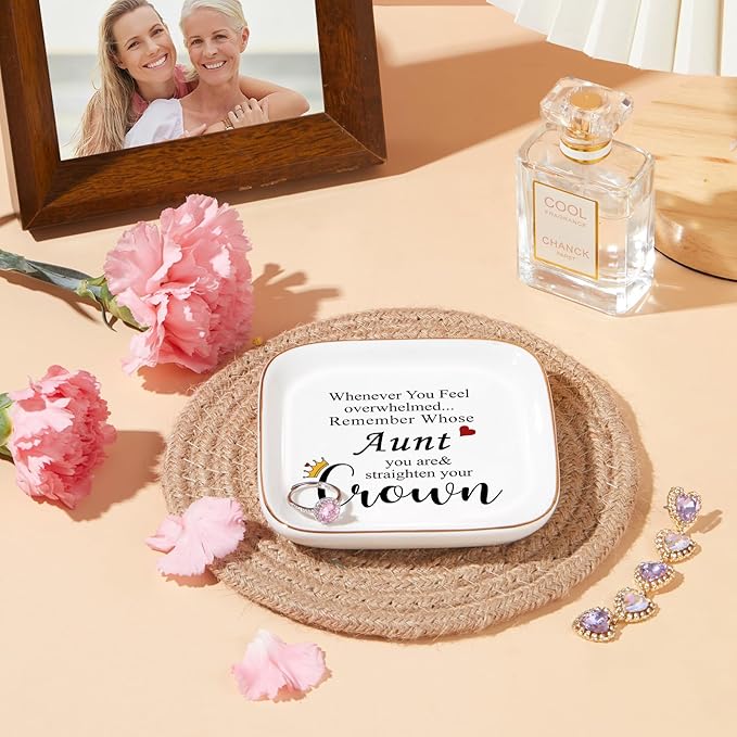 PUDDING CABIN Valentines Aunt Gifts from Niece Nephew, Aunt's Jewelry Holder – Remember Whose Aunt You Are Straighten Your Crown – Galentiens Gift for Aunts, Mothers Day Birthday Gifts for Auntie
