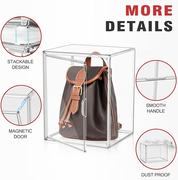 EZJOB 4 Pack XXX-Large Clear Purse Organizers for Closets 17.7"x13"x13" Acrylic Display Case Clear Shoes Storage Box Stackable Handbag Storage Organizers Helmet Display Cabinet Storage Bins with Lid