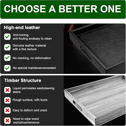 20 * 20 inches Leather Square Serving Tray with Hole Handles,High-End Light Large Service Tray for Ottoman Tray, Tea, Food, Butler - Countertop, Kitchen,Family Dinner, Picnic (Black)