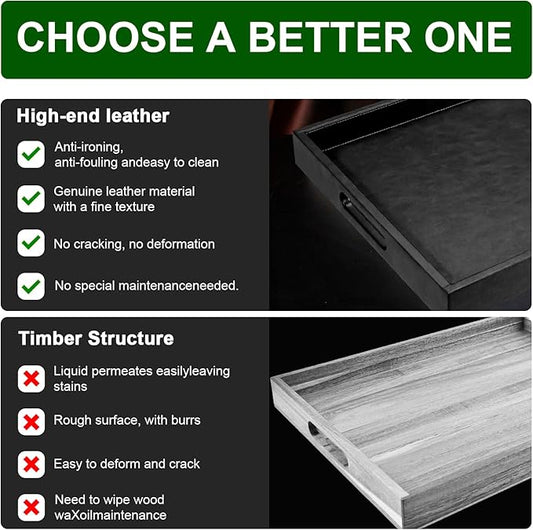 20 * 20 inches Leather Square Serving Tray with Hole Handles,High-End Light Large Service Tray for Ottoman Tray, Tea, Food, Butler - Countertop, Kitchen,Family Dinner, Picnic (Black)