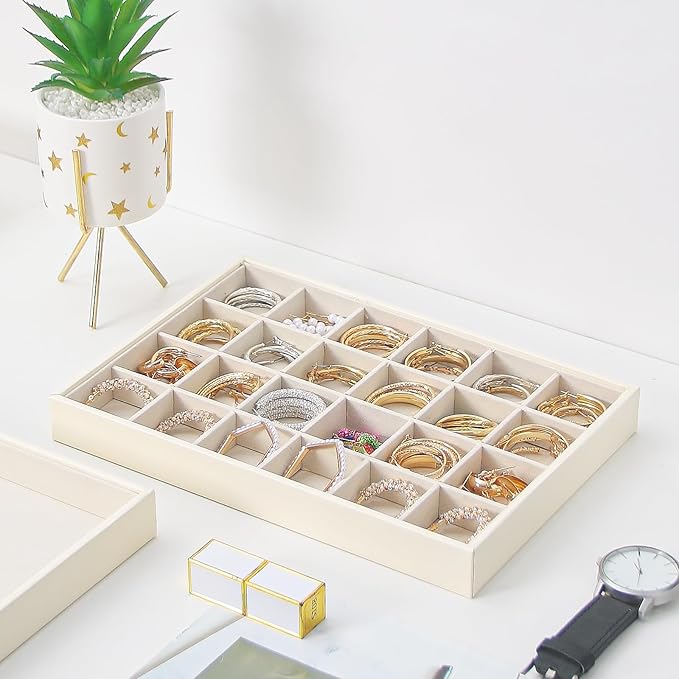 Stackable Jewelry Organizer Tray For Drawers,White Leather Small Earring Storage Tray,Bracelet And Necklace Display Box,Jewelry Ring Display Case (Creamy White 24 Grids)