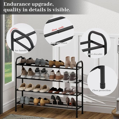 Expandable Shoe Rack, 4-Tier Metal Small Shoe Rack, Adjustable Shoes Organizer, Storage Shelf for Closet, Entryway, Black