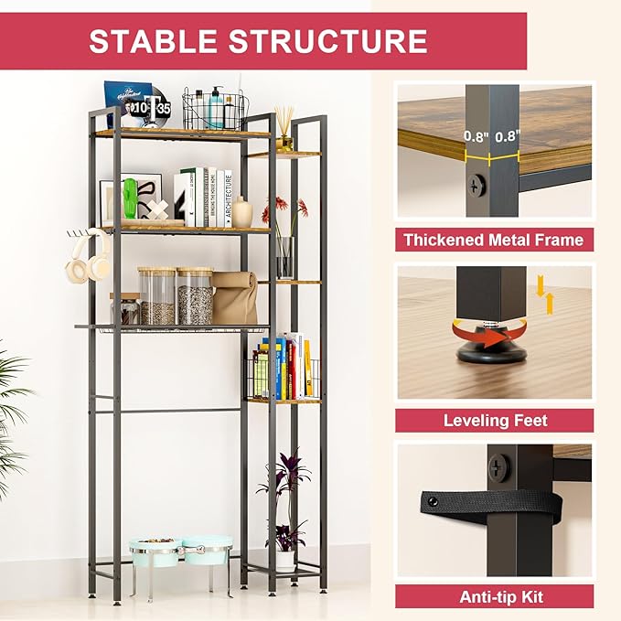 QOOIE Over The Toilet Storage with Wooden Shelves and Side Rack, 7-Tier Metal Over Toilet Bathroom Organizer Freestanding Storage Shelf for Toilet Paper, Towels, Toiletries, Ideal for Small Bathroom