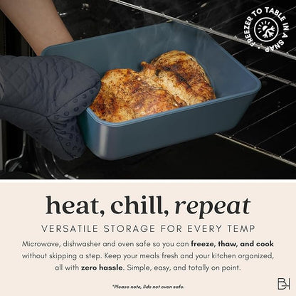 Ceramic Coated Glass Food Storage Container | No PTFE, PFOA, PFAS, and BPA | Reusable Non Toxic Meal Prep Container with Glass Lid | Easy To Store | 11 Cup Rectangle [Dusk]