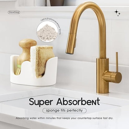 Slow Slog Double Sponge Holder, 2 Slot Diatomite Stone Sponge Holder, Absorbent Sponge Stand for Kitchen Sink, Quick Dry Sponge Caddy Kitchen Sink Organizer, White