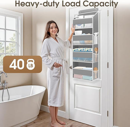 1 Pack Over The Door Organizer, Hanging Storage Organizer with Clear Window, 40lb Ultra Sturdy Large Capacity Room Organizer for Pantry Laundry Bathroom Nursery Closet Baby Essential (Grey)