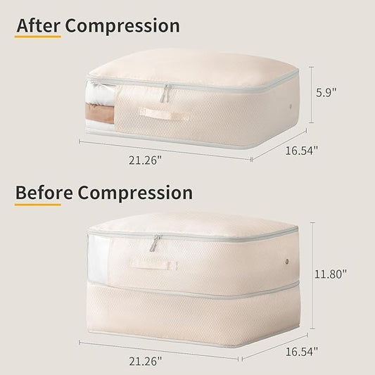 Comforter Storage Bag 66 L - 2 Pack Blanket Storage Organizer Compression Bags, Large Capacity Ultra Space Saving Self Organize for Bedding, Pillow, Duvet, Sheet Storage with Zipper Window