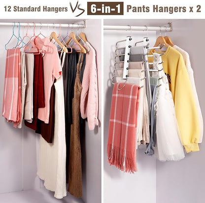 HUITEM Space Saving 6 Tier Pant Hangers, Anti-Slip, Lightweight, Stainless Steel, 2 Pack, White