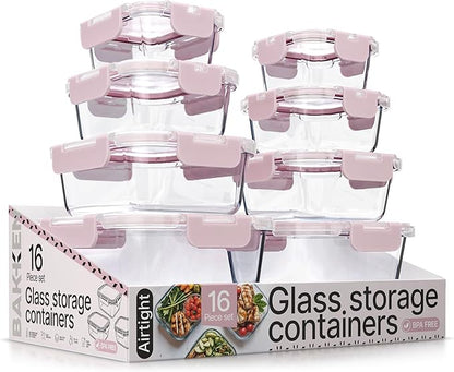 Bakken Borosilicate Glass Food Storage Containers with Lids 16 Pieces, BPA-Free Stackable Lunch & Leftover Containers, Microwave, Freezer & Dishwasher Safe, 100% Airtight Leak-Proof, Pink