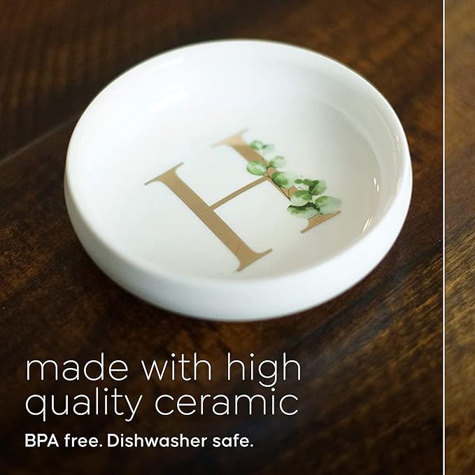 Trinket Tray Jewelry Dish with Monogrammed H in Gold Ring Holder - White Trinket Dish - Personalized Ring Dish or Jewelry Tray - Cedar & Ink (H)