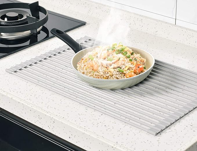 Surpahs 17.5 x 13.1 Inch Roll-Up Dish Drying Rack, Fits Sinks up to 16.5 Inch Wide, Heavy-Duty Premium Silicone, Strong Support, Non-Slip, Heat-Resistant, Warm Gray