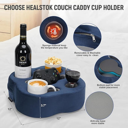 Couch Cup Holder Pillow, Sofa Organizer Caddy Bed Refreshment Tray for Drinks, Remotes, Phones, Snacks (Navy)