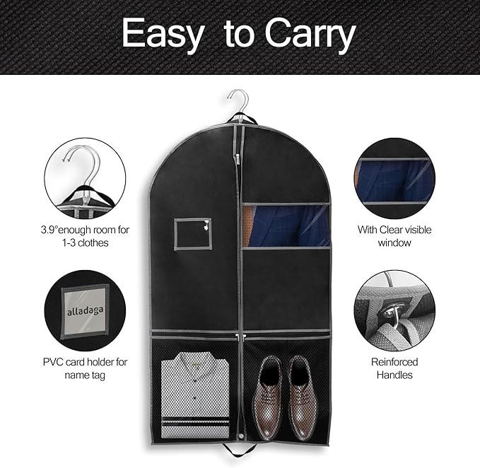 43" Garment Bag Suit Bag Garment Bags for Travel Duffle Bags for Hanging Clothes Storage Bag Carry on Garment Bag, Ideal for Wardrobes, Blazers, Dresses, Coats (1 Pack)
