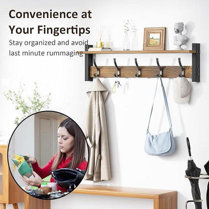 Coat Rack Wall Mount with Shelf, 24 Inch Coat Hanger Walls Mounted, Hat Rack for Walls, Shelf with 5 Coat Hooks, Wall Hanger for Entryway (Brown)