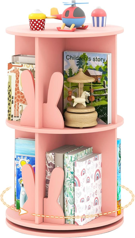 HONEY JOY Kids Rotating Bookshelf, Wooden Spinning Small Corner Organizer w/Baffles, 360°Display Standing Toddler Bookshelf, Narrow Storage Rack, Montessori Book Shelf for Nursery, Playroom (Pink)