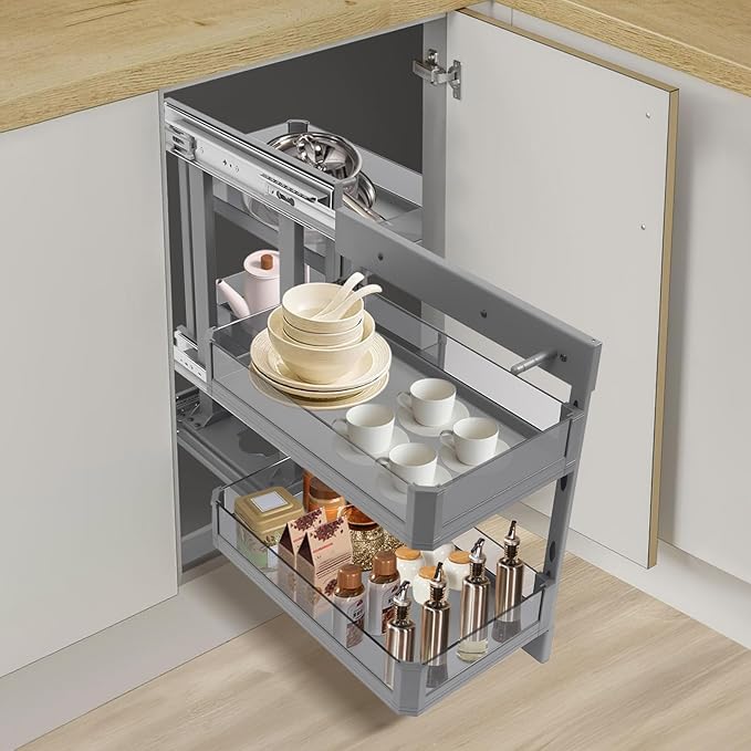 QIANMOON Kitchen Corner Cabinet Pull Out, Magic Corner Pull Out Open, 2 Tiers Swing Tray, Blind Corner Soft Close, for Place Pots and Pans, Containers, Spice Jars