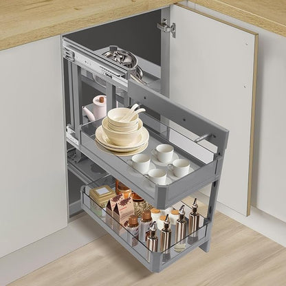 QIANMOON Kitchen Corner Cabinet Pull Out, Magic Corner Pull Out Open, 2 Tiers Swing Tray, Blind Corner Soft Close, for Place Pots and Pans, Containers, Spice Jars