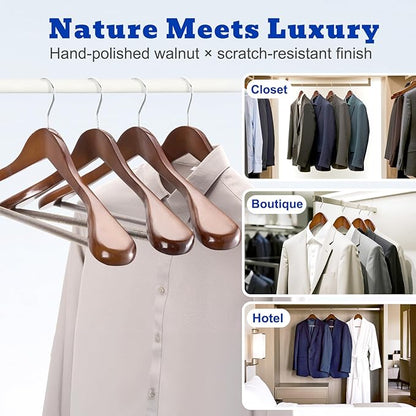 HOUSE DAY Wide Shoulder Wooden Hangers 12 Pack, Wood Suit Hangers for Men with Non Slip Pants Bar, Smooth Finish Solid Wood Coat Hanger for Jacket, Pants, Dress, Heavy Clothes Hanger (Walnut)